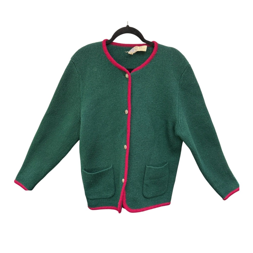 The Eagle's‎ Eye Cardigan Women L Green Wool Red Vintage Button Front Sweater